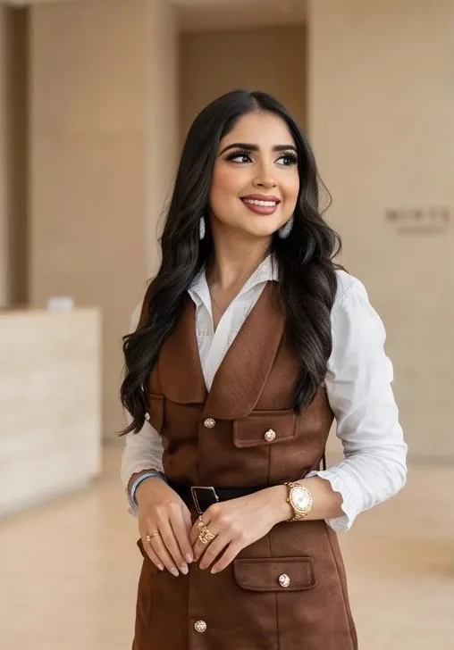 Jeinny García sonriendo con chaleco marrón en un lobby de tonos cálidos, imagen del programa Éxito Vital